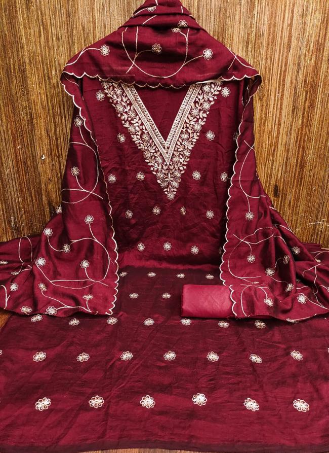 Vichitra Silk Maroon Festival Wear Zari Work Dress Material